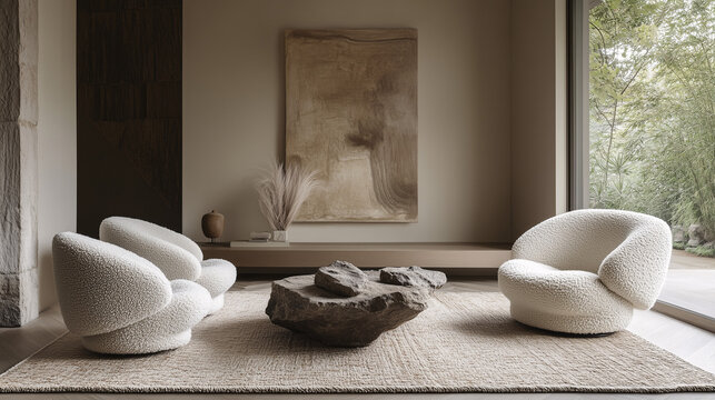High-end living room in neutral shades, showcasing textured materials like boucle chairs, a woven wool rug, and a sculptural stone centerpiece for an artistic aesthetic