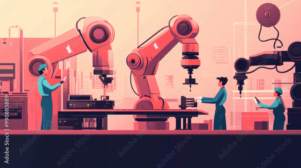 Poster innovative robotic technology enhances productivity in modern factory setting, where team members fo