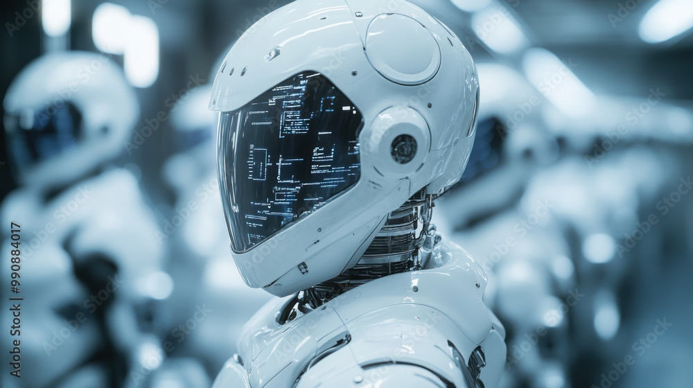 Poster futuristic robots with advanced technology and sleek designs stand in high tech environment, showcas