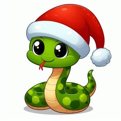 Fototapeta premium Cute green cartoon snake wearing a red Santa hat. Holiday illustration. Christmas and New Year concept. Isolated on white background.