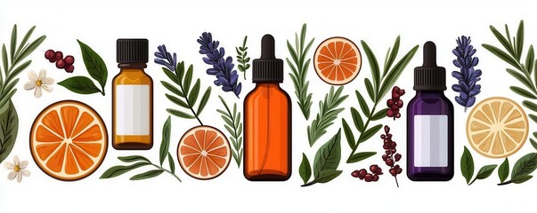 Visual guide to essential oil applications, with illustrations of oils being added to bathwater, diffusers, and lotions, emphasizing selfcare routines