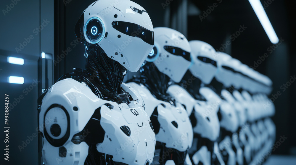 Poster futuristic robots lined up in high tech environment, showcasing advanced design and technology. thei