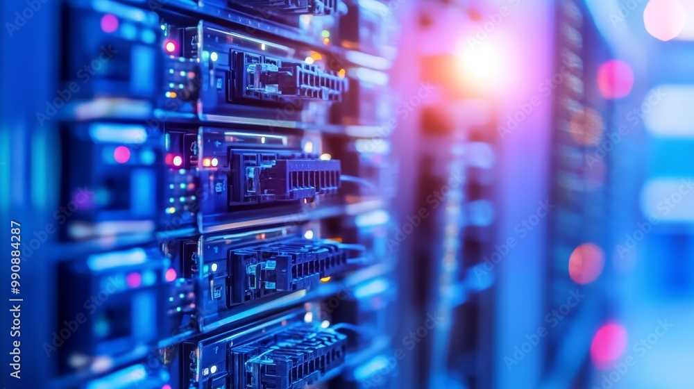 Poster servers close up in data center cloud computing, big data, and information technology concept