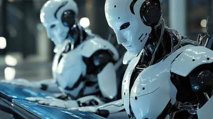 Fototapeta premium Robots working on advanced technology in futuristic environment, showcasing sleek designs and intricate details. Their focus and precision highlight evolution of artificial intelligence