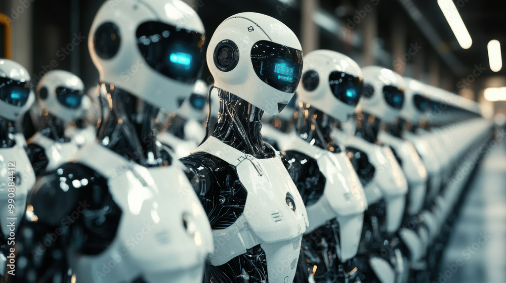 Poster robots lined up in futuristic factory setting, showcasing advanced technology and design. their slee