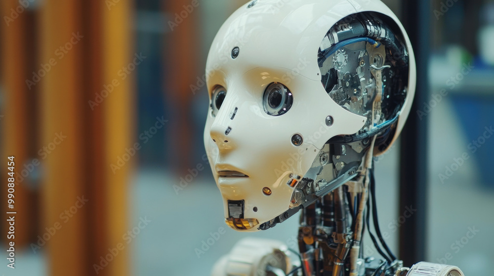 Poster image features humanoid robot with sleek design, showcasing intricate mechanical components and life