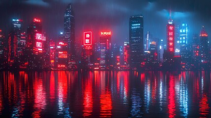 Foggy nightfall over dark city rooftops glowing with neon graffiti picture