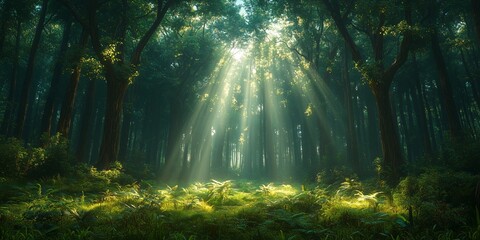 Obraz premium Serene Old Forest with Towering Trees and Sunlight