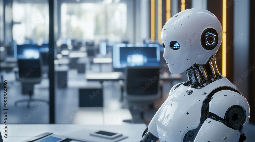 Poster futuristic robot sits in modern office environment, showcasing advanced technology and ai capabiliti