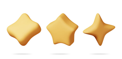 3D glossy yellow star in different shapes isolated. Reviews round star realistic render collection. Testimonial rating, feedback, survey, quality and review. Achievements or goal. Vector illustration