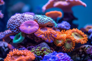 Obraz premium Colorful corals thrive underwater, surrounded by diverse fish, creating a lively marine ecosystem in bright ocean sunlight