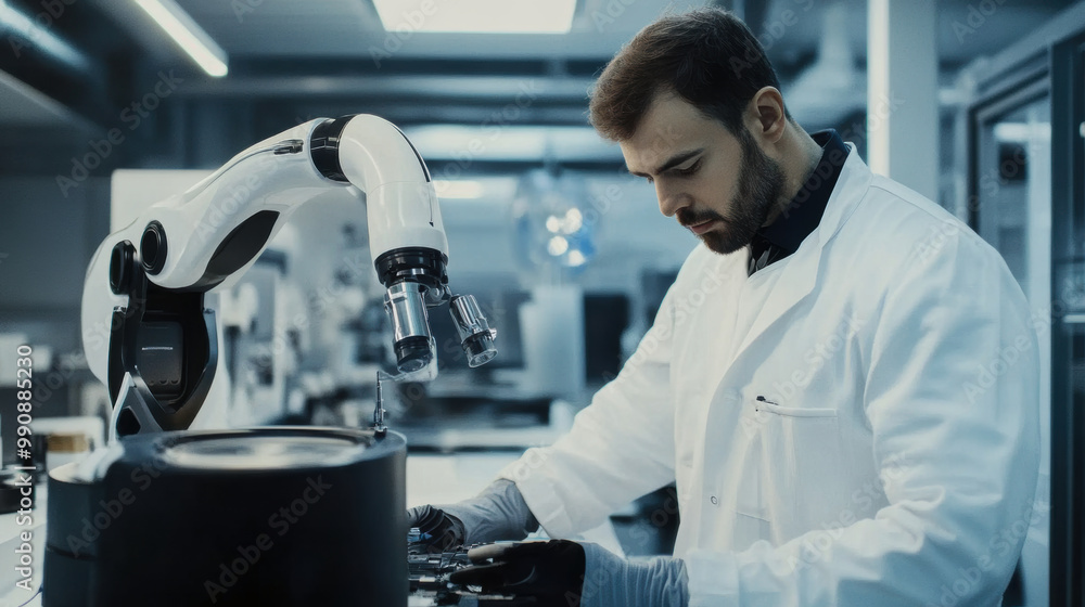 Poster scientist in lab coat is working with robotic arm, focusing on complex task involving technology and