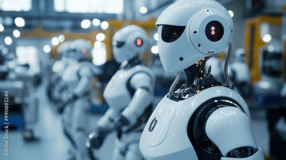 Poster advanced ai robots stand in modern industrial setting, showcasing their sleek design and cutting edg