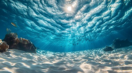 A serene and captivating underwater scene showcasing a diverse array of marine life including schools of fish gliding gracefully above the sandy ocean floor in a tranquil and vibrant underwater world