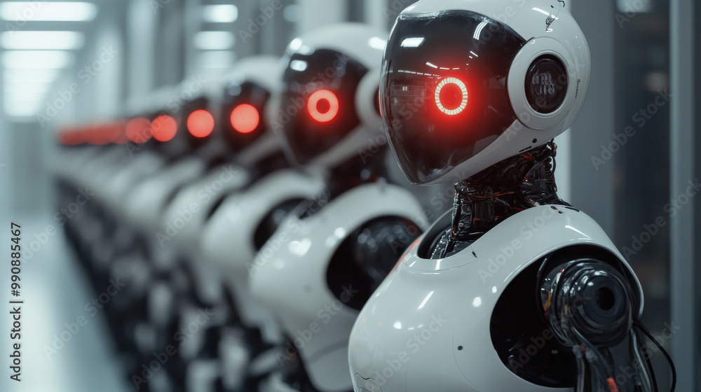 Poster robots with glowing red eyes stand in futuristic setting, showcasing advanced technology and automat
