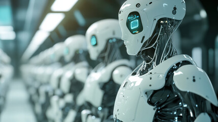 Fototapeta premium Robots in futuristic setting showcase advanced technology and design, highlighting their potential in various applications. sleek, humanoid forms represent innovation and efficiency