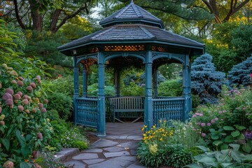 Naklejka premium Victorian blue wooden gazebo standing on a stone patio in a tranquil garden at sunset