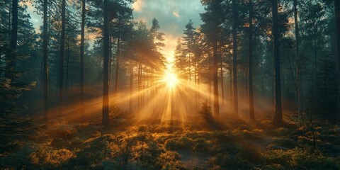 Obraz premium Misty Forest at Sunrise with Golden Sun Rays