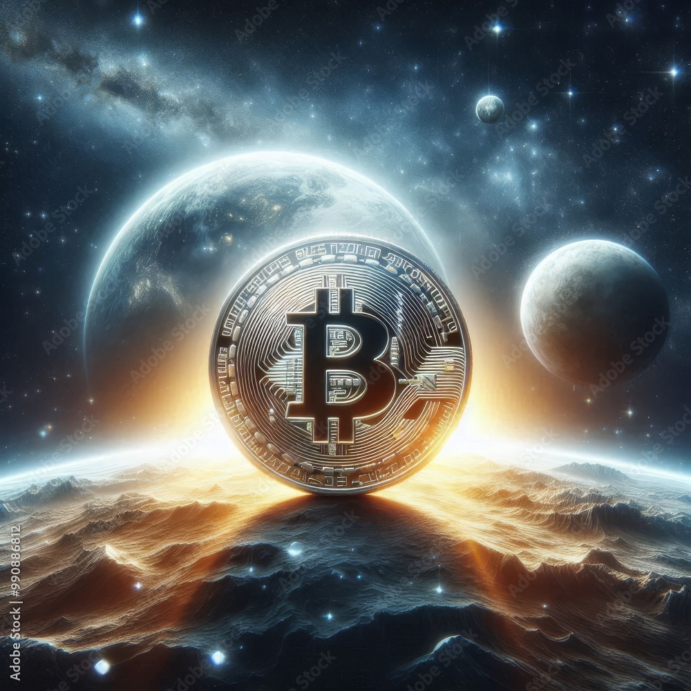 Poster a large bitcoin coin stands on a distant planetary surface, illuminated by a radiant cosmic backdrop