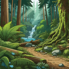 dense forest filled with giant ferns illustration 