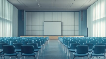 Fototapeta premium Empty conference room with rows of blue chairs and a stage setup in a minimalist modern building.