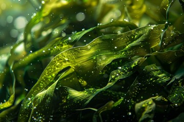 Sunlight filtering through vibrant green seaweed in underwater ecosystem