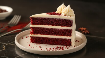 Decadent Slice of Red Velvet Cake on Plate