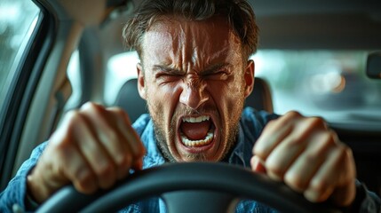A distressed man is yelling in his car.