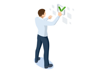 Isometric Checklist. Business performance evaluation, with a professional completing an online checklist survey, filling out a digital form for assessment, questionnaire, evaluation, or online exam
