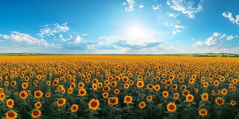 Obraz premium Vibrant Sunflower Field Under Bright Blue Sky