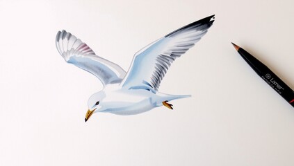 Obraz premium A drawing of a seagull flying next to a pencil.