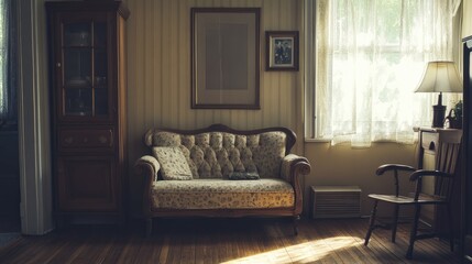 Obraz premium Faded couch in a quaint, old-fashioned room, with wooden floors, nostalgic decor, and a soft, inviting light that exudes comfort.