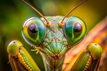 Close-up photograph of the multifaceted compound eyes of a praying mantis © kansak01