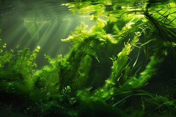 Obraz premium Sunbeams shining through the surface of water on green algae growing on a riverbed