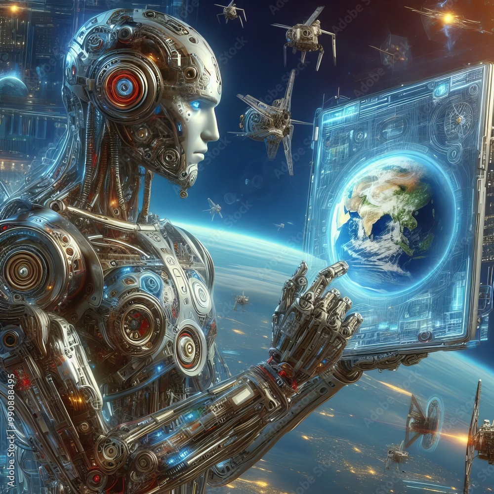 Poster a highly advanced robot is seen holding a digital display of earth, surrounded by futuristic technol