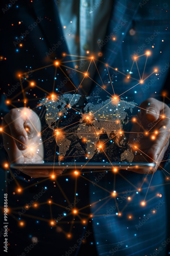 Poster a businessman holds a digital tablet displaying a glowing world map surrounded by network connection
