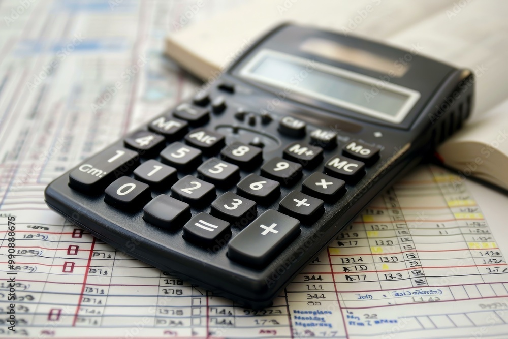 Poster calculator is laying on top of a financial spreadsheet with columns of numbers, helping with the bud