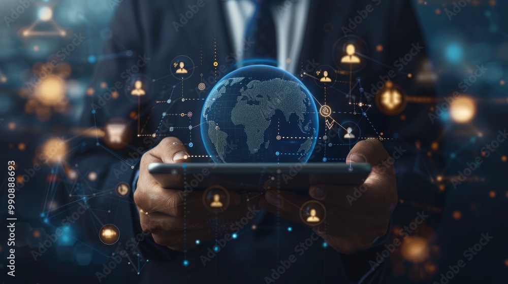Poster a businessman interacts with a digital globe on a tablet, showcasing global connectivity and network