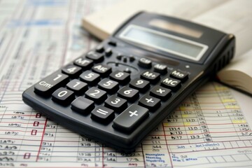 Calculator is laying on top of a financial spreadsheet with columns of numbers, helping with the budgeting process