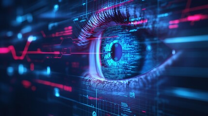 Close-up of a digital eye with vibrant data visuals.