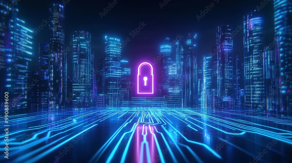 Poster digital cityscape with neon lock icon and circuit patterns.