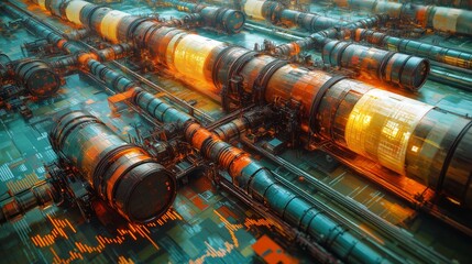 Futuristic energy pipeline infrastructure in digital environment. Volatile energy markets and geopolitical conflict concept.