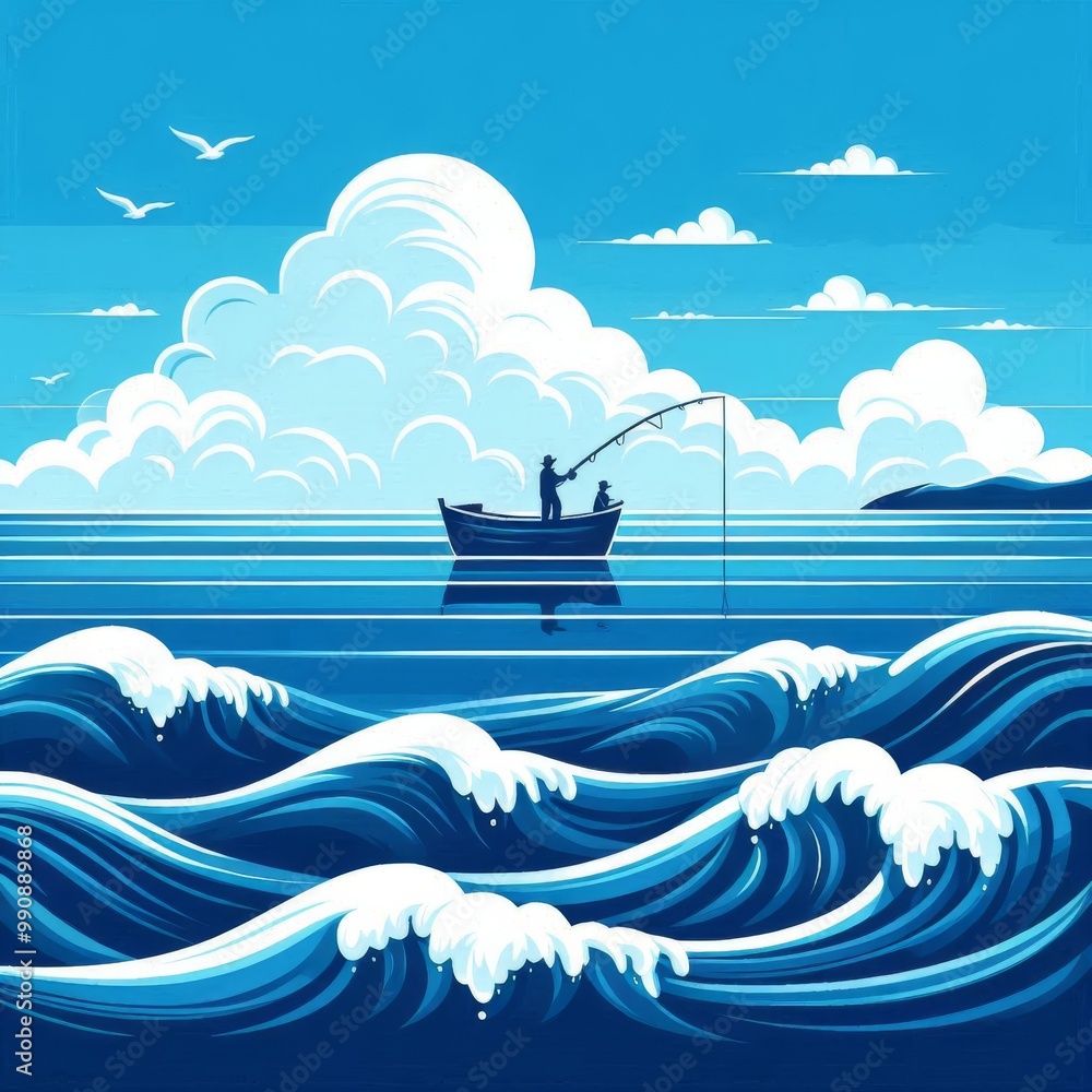Poster a captivating illustration of a solitary fisherman on a small boat, casting a line into the vast oce
