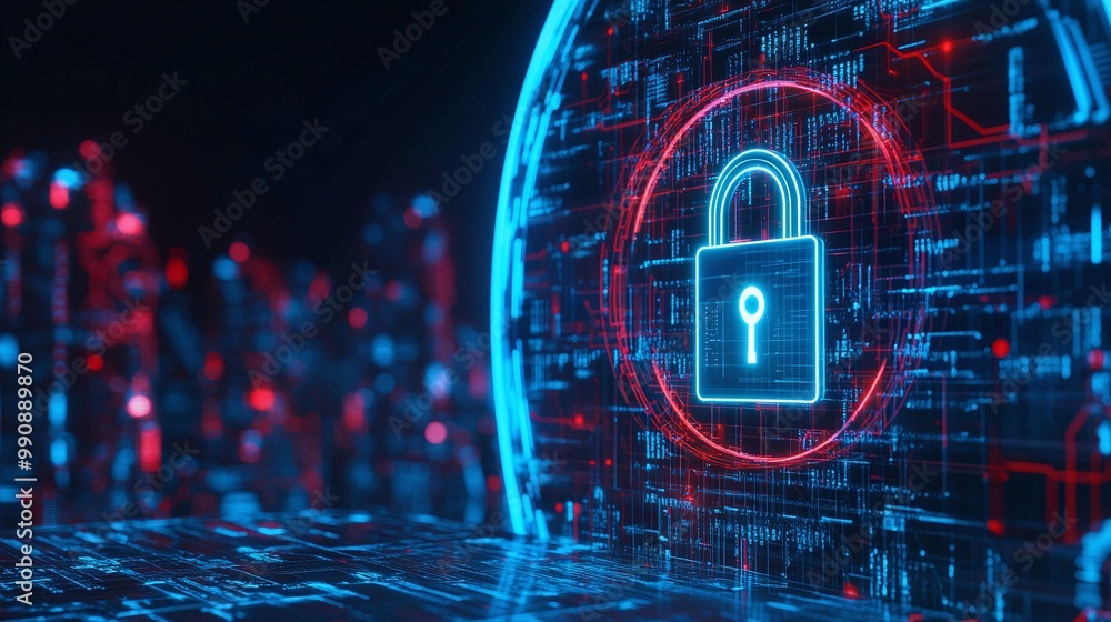 Poster digital lock and security concept with vibrant data background.