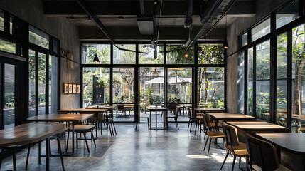 Industrial-style dining space featuring concrete floors, large windows, and black steel fixtures, with minimalist decor
