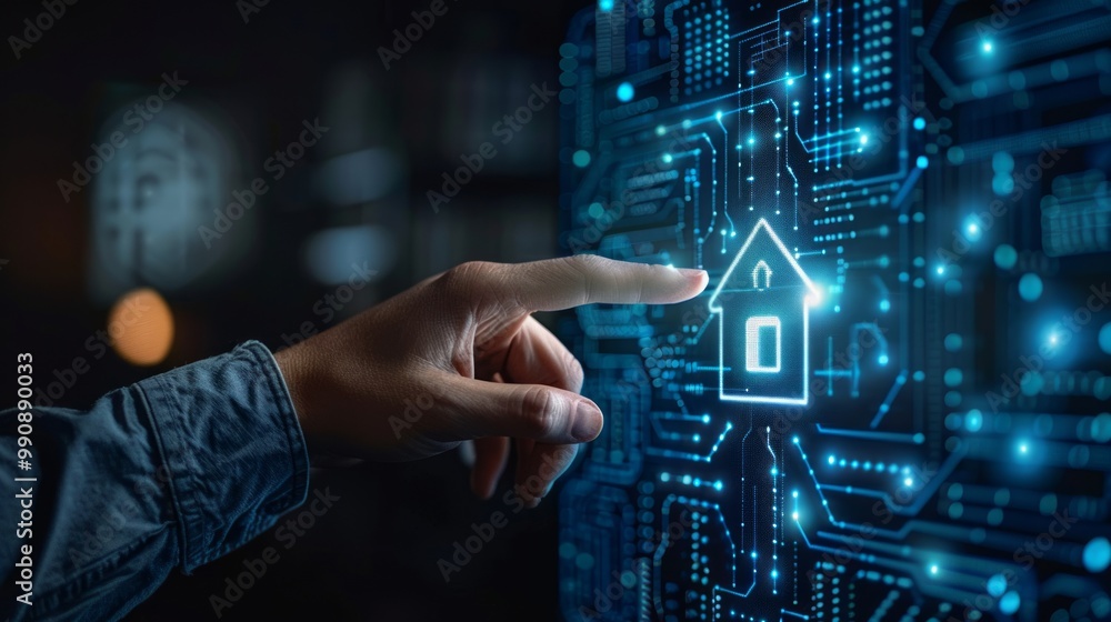 Poster user interacting with a digital home icon on a futuristic interface showcasing smart technology inte