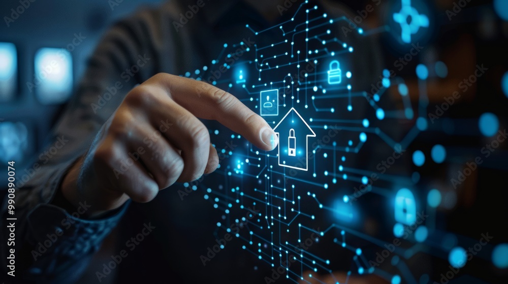 Poster a person interacting with a futuristic smart home interface in a modern tech environment during nigh