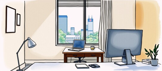 A drawing of a desk with a computer and a lamp.