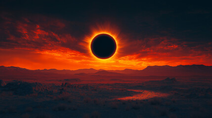 A stunning cinematic photograph featuring a rare and mesmerizing solar eclipse. The sun is eclipsed by a dark, glowing corona that emits a striking black light