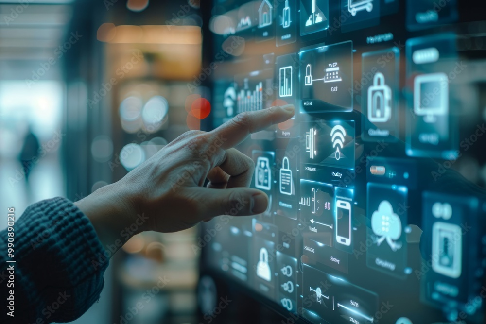 Poster a person interacts with a futuristic touchscreen display showcasing digital security features in a m